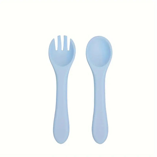 2-osaline silikoonist beebilusika ja -kahvli komplekt