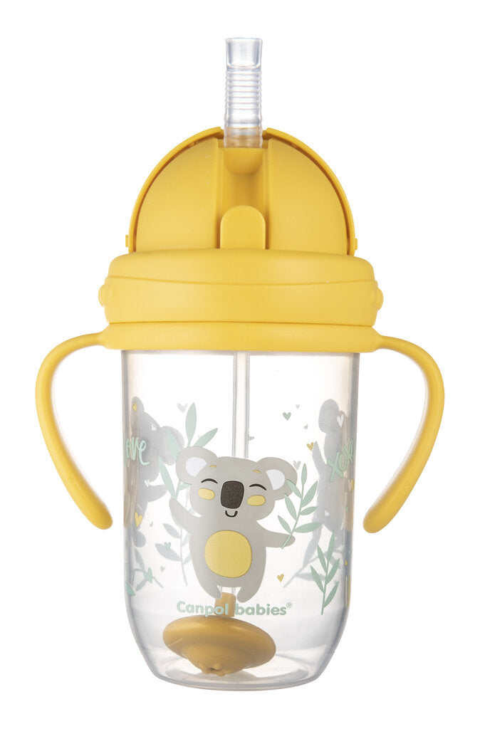 Mittelekkiv pudel kõrrega Canpol Babies Exotic Animals, 6 kuud + 270 ml, kollane