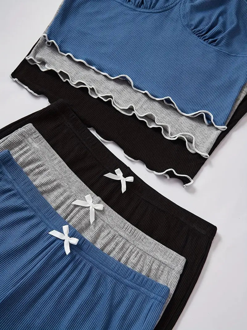 Naiste Kevad/Suvi Ühevärviline Pidžaamakomplekt – Pika Lõikega Mugavad Püksid ja Armas Lipsudetail, 3-Värviline Komplekt