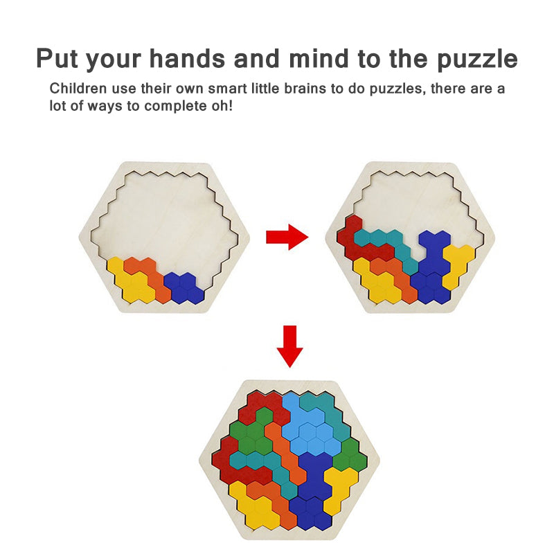 Puidust tangram pusle – kuusnurga kujuline loogikamäng
