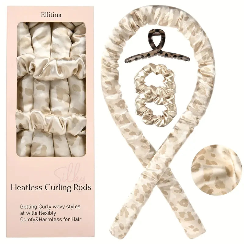 Lokkimisekomplekt - Kuumavaba Ööpäevane Lained ja Siidist Reisikomplekt | Magamiseks Pehme Reguleeritav Tootepulk ja Peapaelad (Leopard/Südamed) | DIY Puhkuse Lokid Igal Pool | Luksuslik Kingituse Karp