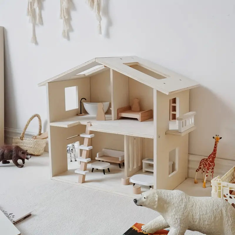 Skandinaavia Inspiratsiooniga Puidust NukuMaja – Kreemikas Khaki, Interaktiivne Mänguvilla Lastele ja Vanematele, DIY Kokku Panemise Mänguasjade Komplektil