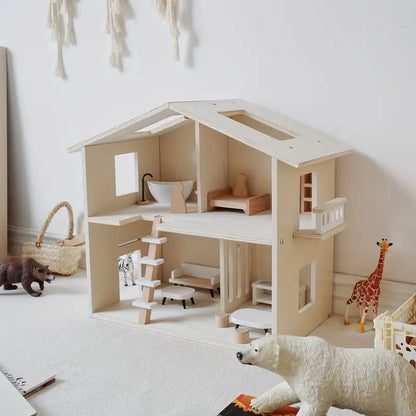 Skandinaavia Inspiratsiooniga Puidust NukuMaja – Kreemikas Khaki, Interaktiivne Mänguvilla Lastele ja Vanematele, DIY Kokku Panemise Mänguasjade Komplektil