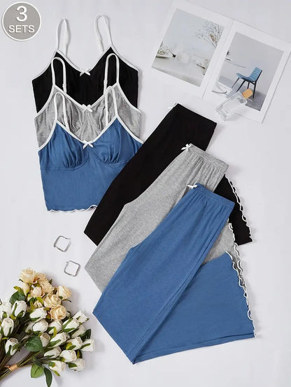 Naiste Kevad/Suvi Ühevärviline Pidžaamakomplekt – Pika Lõikega Mugavad Püksid ja Armas Lipsudetail, 3-Värviline Komplekt