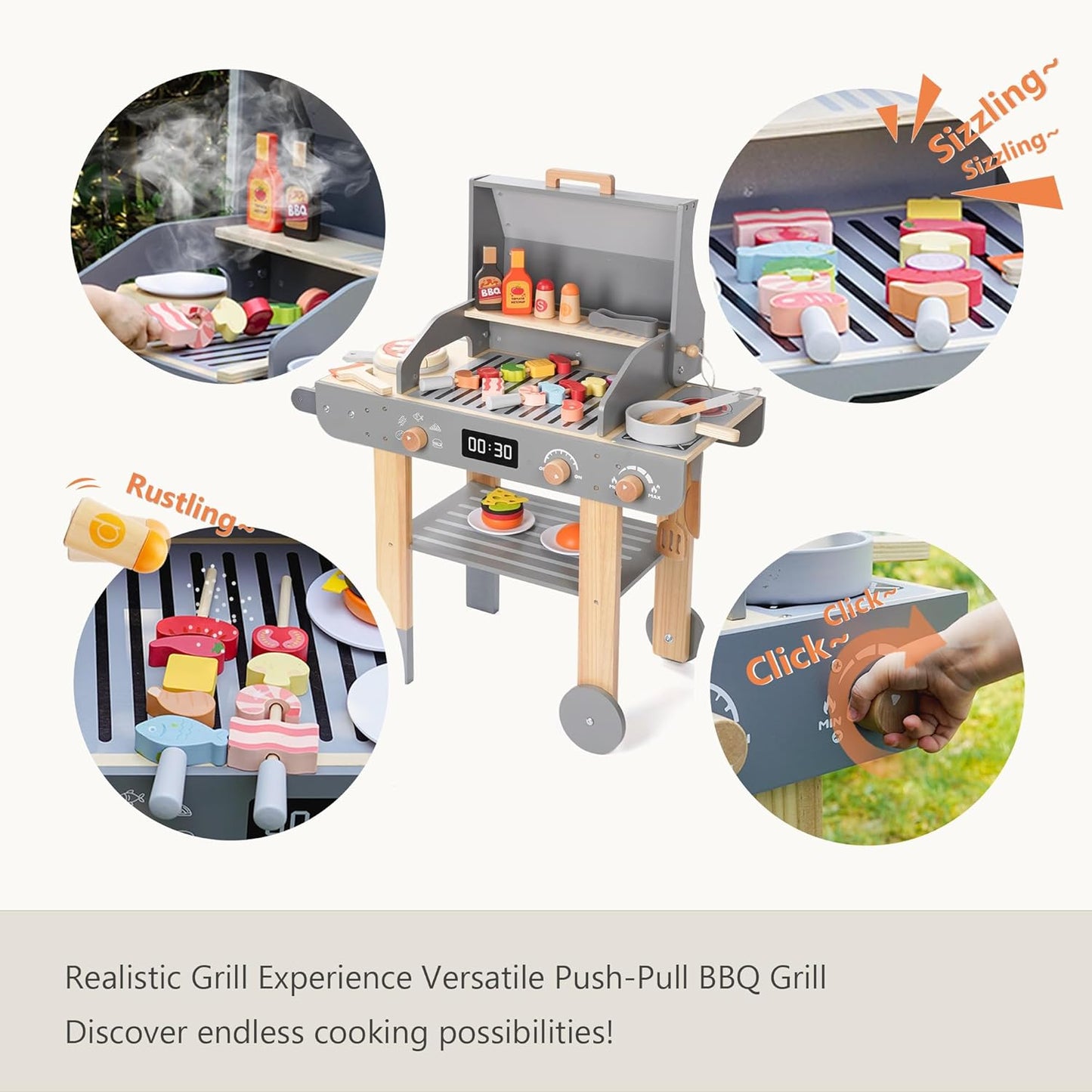 Laste puidust grillikomplekt – realistlik BBQ mänguköök tarvikutega (3+)