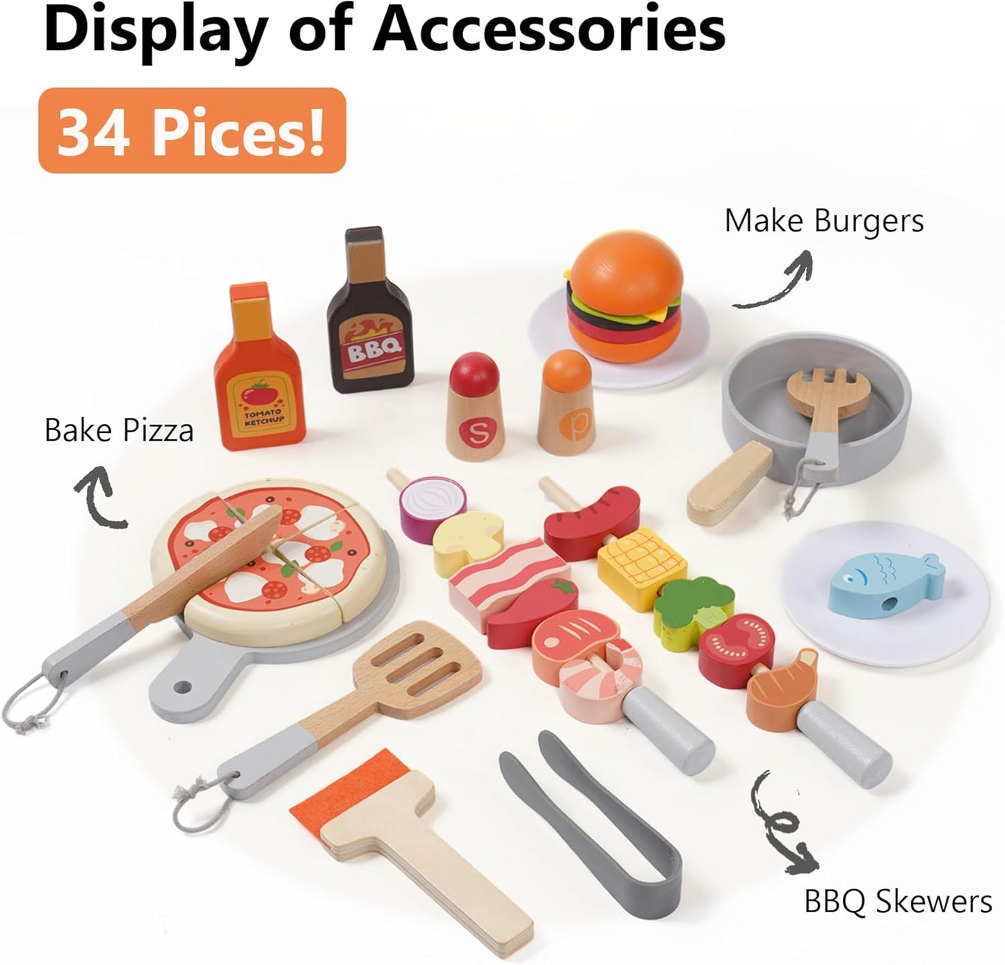 Laste puidust grillikomplekt – realistlik BBQ mänguköök tarvikutega (3+)