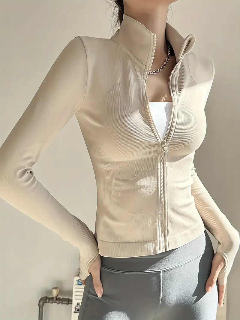 Naiste Nailonist Spordijakk – Ühevärviline, Kõrge Elastsusega Kootud Kangas, Ümara Kaelusega ja Tõmblukuga