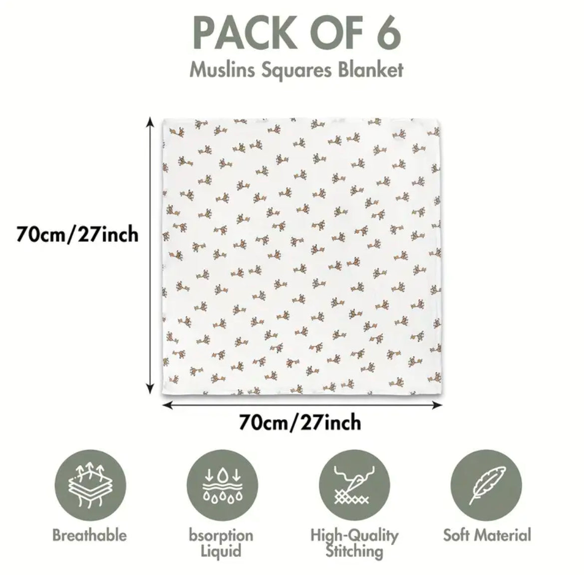 Bambuse (70%) ja musliinkanga (30%) segu lappide komplekt 6 tk 70x70 cm