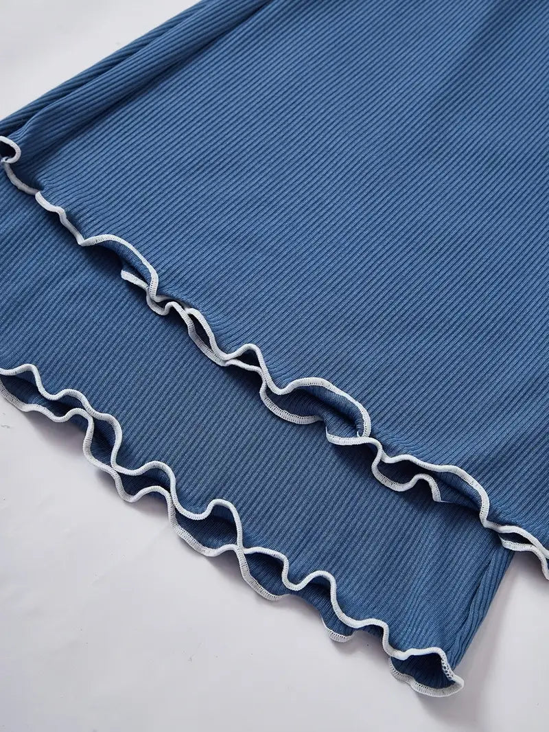 Naiste Kevad/Suvi Ühevärviline Pidžaamakomplekt – Pika Lõikega Mugavad Püksid ja Armas Lipsudetail, 3-Värviline Komplekt